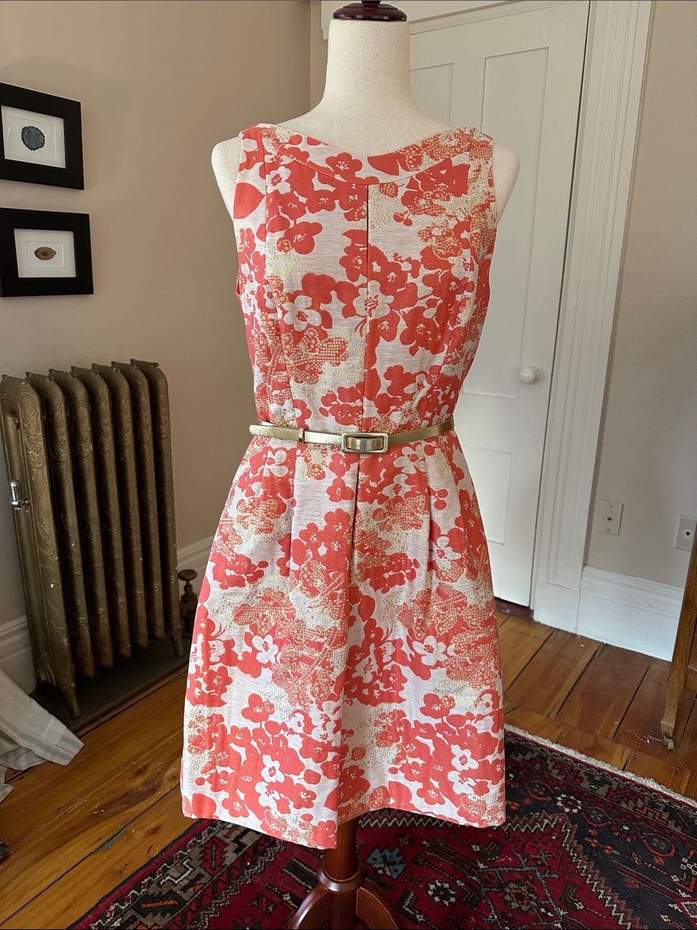 NWT Tahari Arthur Levine Retro Coral and Gold Brocade Cocktail Dress “Bonnie”
